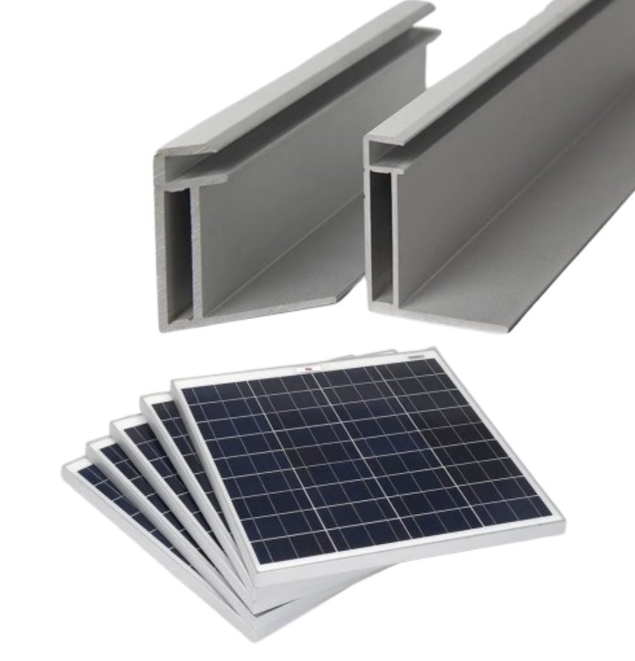 Aluminium module frame profiles beside stacked solar panels