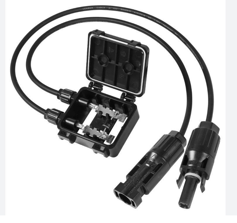 Open junction box showing bypass diodes and cable leads