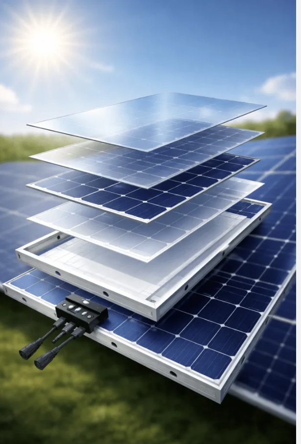 Layers of a solar module including backsheet and rear glass